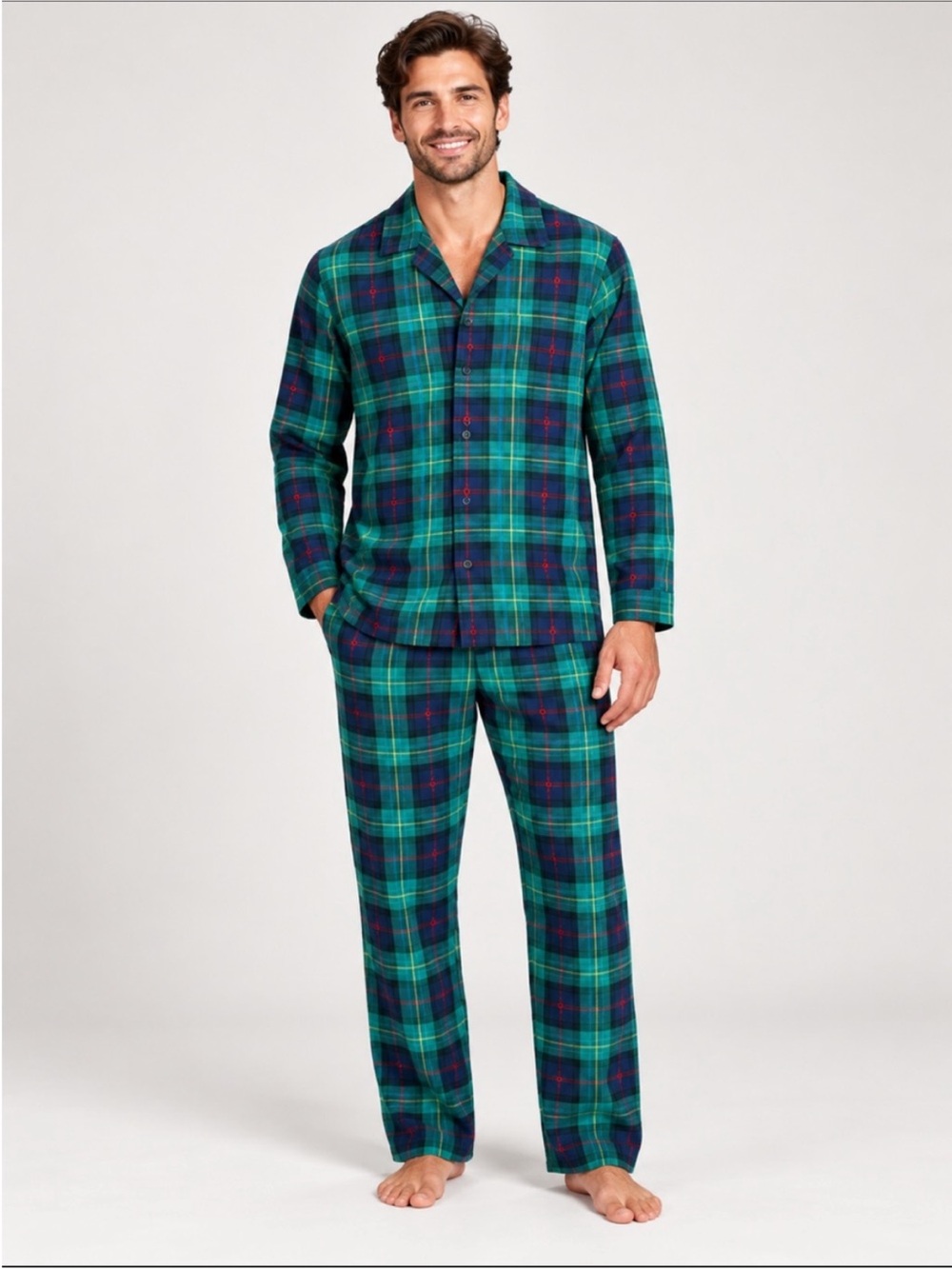 LandsEnd Men's 2 Piece 100% Cotton Flannel Pajama Set, Shirt and Pants